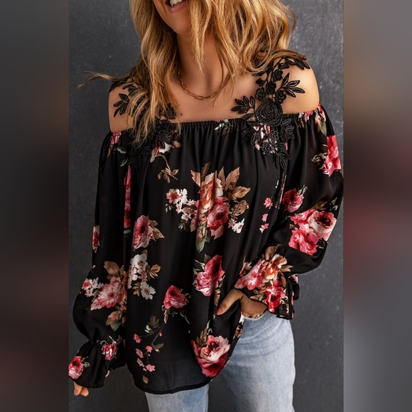 Women's Black Floral Lace Cold-Shoulder Flounce Sleeve Blouse - Picture 1 of 5